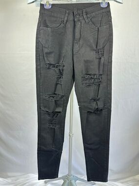 Women's Black Stretchy Jeans Button Closure Size Small Distress Skinny Leg NWT